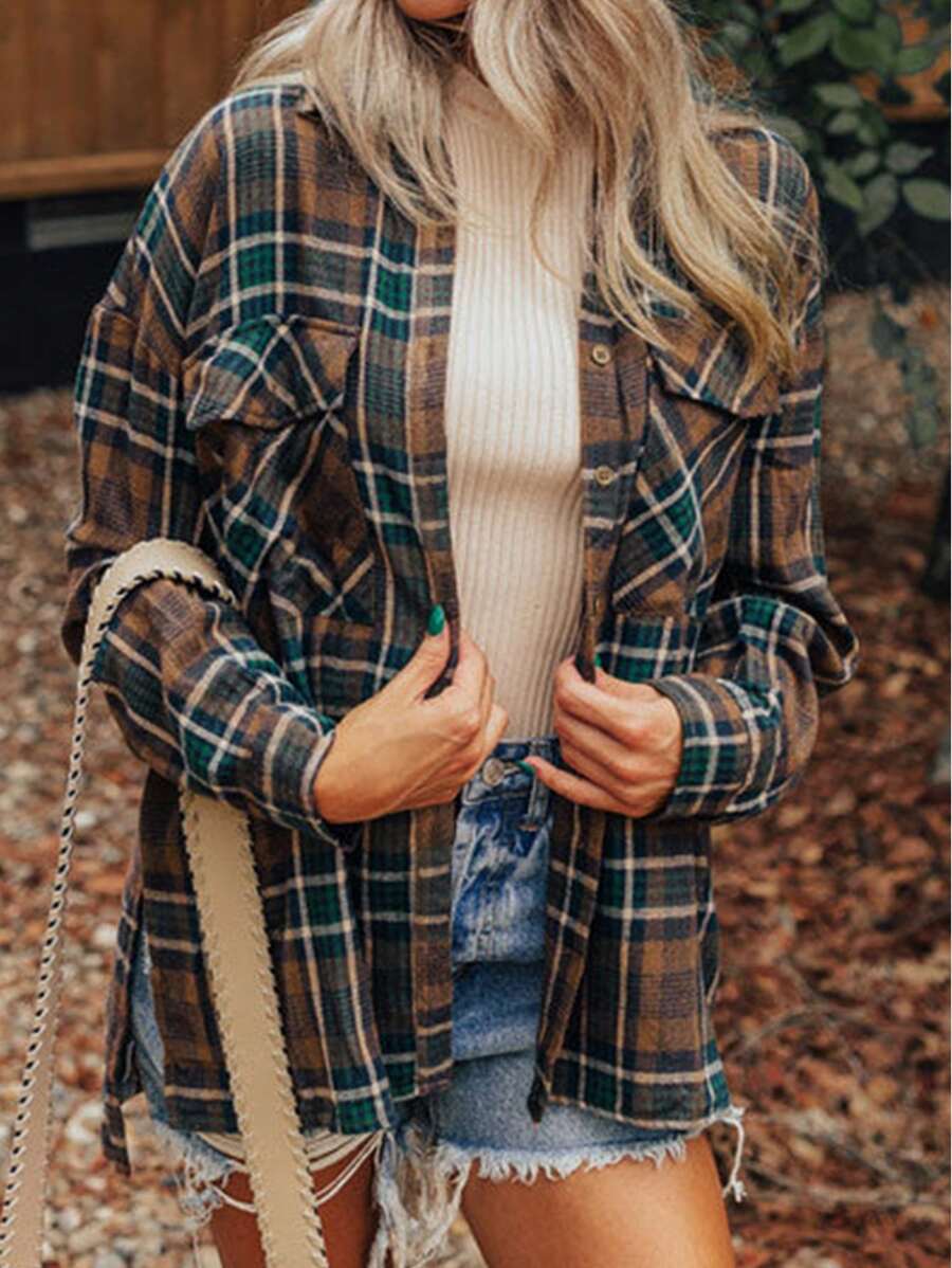 Brown Plaid Print Chest Pockets Buttoned Shirt Jacket