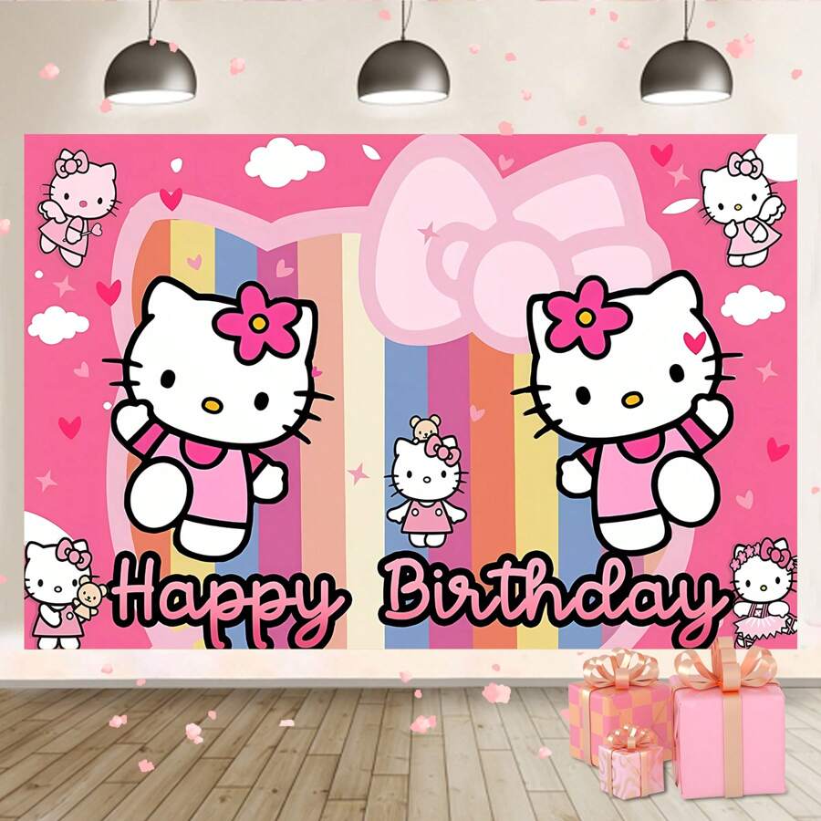 Sanrio 1 Striscione da parete per festa di compleanno a tema Sanrio KT Cat, decorazioni per festa a tema cartoni animati per doccia, forniture per decorazioni della camera da letto, tappezzeria o sfondo fotografico, 210 x 150 x 100/100 x 75 cm