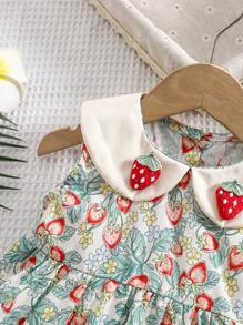 1 件女童草莓全印花领宽松休闲连衣裙，适合外出、度假、聚会、夏季 - 薄荷藍 - 查看 4