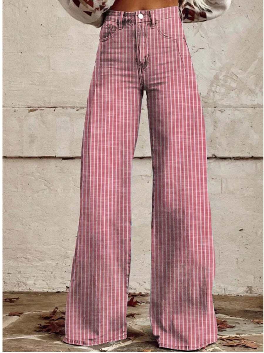 Womens High Rise Jeans Retro Classic Striped Print Wide Leg Denim Pants Boyfriend Jeans With Pockets - 粉色 - 查看 1