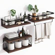 Tomnk Kệ phòng tắm gắn tường 3+1 tầng trên bồn cầu, kệ gỗ nổi mộc mạc có khung kim loại và thanh treo khăn cho phòng tắm, nhà bếp, phòng ngủ, phòng khách Trang trí phòng tắm tại nhà Bộ sắp xếp phòng tắm Mùa hè trở lại trường - Nhiều màu - Xem 12