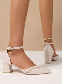 女士仿珍珠装饰优雅粗跟闭趾连衣裙高跟鞋，时尚尖头露跟凉鞋，适合搭配旗袍、连衣裙、春夏装束、优雅派对服饰 - 米色 - 查看 6