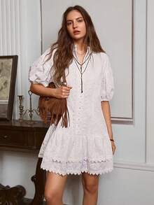 Simplee Women's Summer New Embroidered Ruffle Trim Front Button Closure Short Dress, Bohemian Style, Suitable For Music Festivals, Vacations, Outings, And Dates White - White - View 3