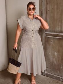 Plus Size Women's Spring/Summer New Front Button Striped Long Waist Cinched Dress, Fashionable For Commuting, Elegant Office Outfits For Women - Brown - View 5