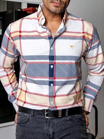 PLATINUM STORES Camisa Hombre Casual Manga Larga Slim Fit Hueso Líneas Azul ,Rojo, Amarillo Algodón Oficina Leñador Diaria Fiesta Moda