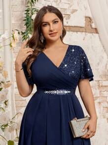 Plus Size Butterfly Sleeve V-Neck Floral Lace Contrast Chiffon Rhinestone Ribbon Waist Evening Party Dress