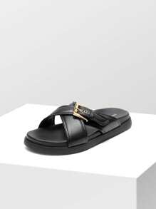 Women Leisure Flat Sandals Slippers Crossover Platform Footbed Buckled Slides Sandals Comfortable Casual Fashion Daily Summer Vacation Outdoor Versatile Shoes - 黑色 - 查看 5