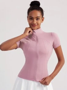 [Spring/Summer] VUTRU 1pc Women's Tight Fit Zip-Up Sports Jacket Short Sleeve Top, Casual Jogger Fitness Activewear For Summer - Dusty Pink - View 6