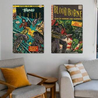 2 件北欧抽象漫画帆布墙画，流行漫画动作游戏英雄海报，客厅、走廊、卧室和厨房的理想装饰，家居装饰，秋季装饰，无框架