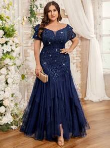 Vestido largo de fiesta, baile de graduación, boda, con hombros descubiertos, mangas con volantes, lentejuelas, encaje floral, contraste de malla, volantes en el bajo, para ocasiones especiales