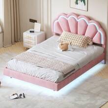 LITZEE Upholstered Bed 140 X 200 Cm, Upholstered Floating Bed Frame With Lights And Designer Headboard, Flat Double Bed, Guest Bed In Skin-Friendly Velvet Fabric Pink