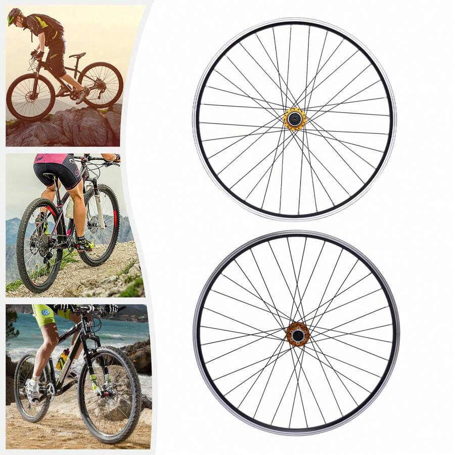 Rainaut 27.5" Golden Aluminum Alloy Mountain Bike Wheelset With Quick Release - Dual Six-Hole Disc Brakes, 441lbs Capacity, Easy Install, Mountain Bike Wheelset 69.9cm/27.5Inch, Aluminum Alloy Rim Disc Brake MTB Wheelset, Quick Release Front Rear Wheels Black Bike Wheels, Fit  Cassette Bicycle Wheelset - Black - View 1
