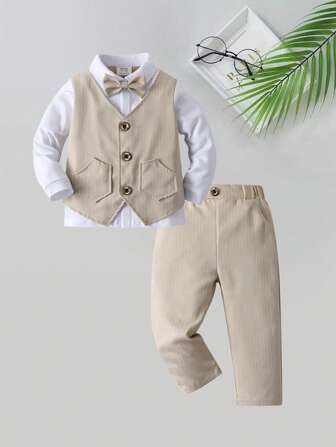 BOARNSEORL 2pcs Baby Boys Gentleman Style Striped Shirt With Bow Tie And Pants, Fashion & Outfit For Birthday Party, Wedding, Anniversary Celebration