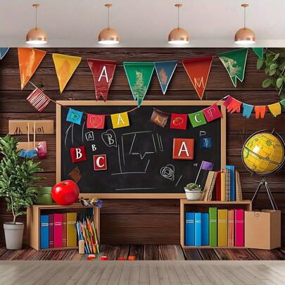 1 pieza Pancarta de fondo con tema de pizarra y libro, material de poliéster, letras multicolor, decoración de globo y mesa, apta para actividades interiores y exteriores, perfecta para decoración de habitaciones y fondo de fotos de fiestas.