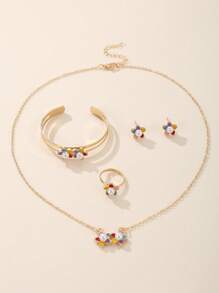 5pcs/Set Girls Floral Necklace, Bracelet, Ring And Earring Set - Multicolor - View 3