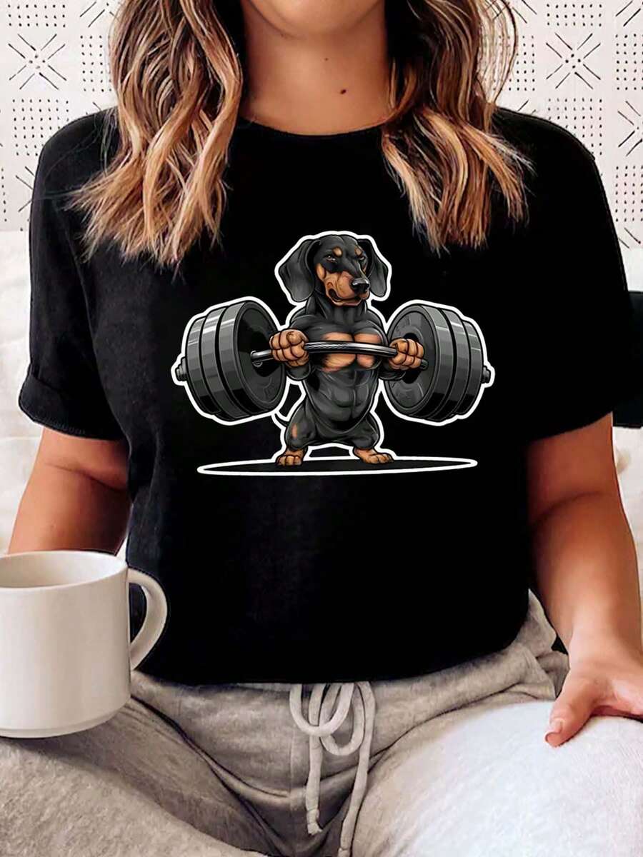 Weightlifting Printed Women's T-Shirt, Women's Casual Fashion, Comfortable, Soft, Athletic, Fitness, Daily Outdoor, Cotton, Breathable, Crewneck Short-Sleeved Top, T-Shirt - Black - View 1