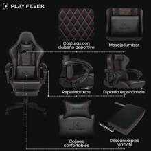 CANVAS REVOLUTION Play Fever Silla Gamer Nitrox | Silla Premium | Cojín Lumbar con masajeador | Reposapiés retráctil | Piel sintética | Ajustable | Varios Colores (Negro) - 1 - Ver 5