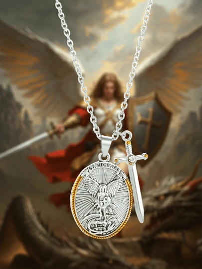 畅销骑士天使项链，带复古剑、盾牌、雕刻吊坠、合金材质、男女通用、绝佳礼物选择