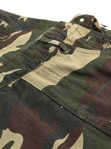 Summer Denim Overall Dress For Women  Solid Color/Camouflage/Flag Print Sleeveless Suspender Skirt With Pockets For Girls - Army Green - View 5