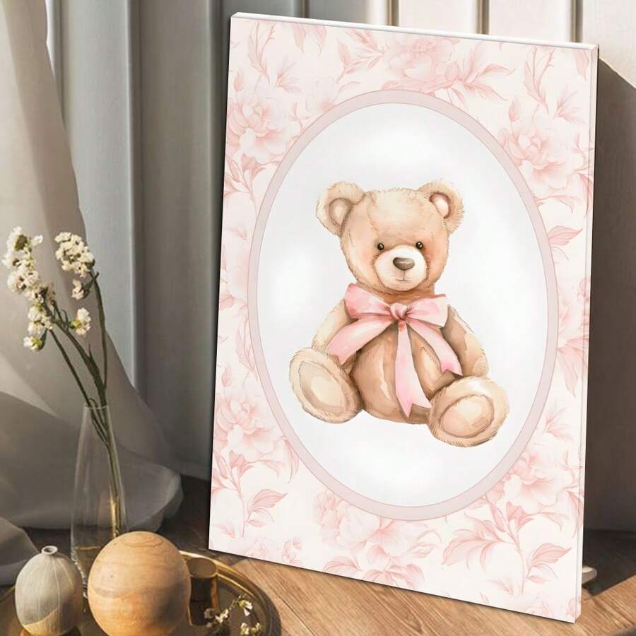 1 Pc Framed Vintage Bear Nursery Wall Art, Girl Nursery Decor, Pink Wall Art Canvas Poster Painting Wall Decor for Bedroom Living Room - Rosa Roja - Ver 1