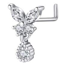 20G Pendientes de aro para la nariz en forma de L con colgante para mujer, aros de nariz con pendientes con flor de circonita cúbica de acero inoxidable para perforaciones de la nariz