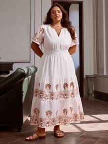 Simplee Vestido largo casual con cuello en V y mangas cortas con estampado de palmeras para mujer talla grande, estilo vintage, primavera - Blanco - Ver 8