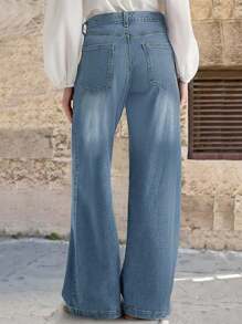 Women's Double Breasted Stitched Low Waisted Flared Jeans, Non Elastic, Loose, Comfortable Casual Denim Wide Leg Pants