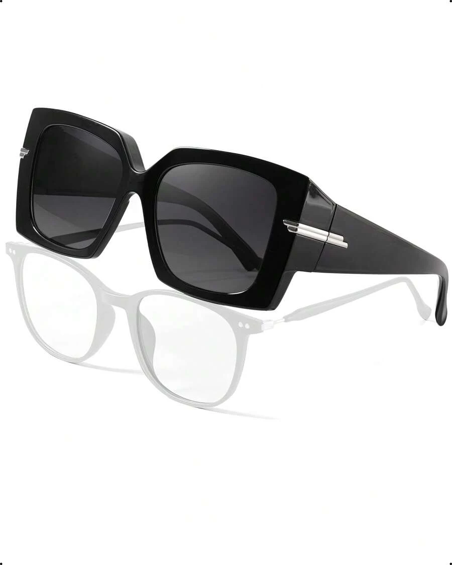 HYCHIC Over Glasses Sunglasses For Women Polarized UV400 Protection Big Large Square Chunky Fitover Shades - 亮黑*灰 - 查看 1