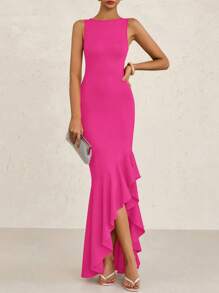 Women's Summer Elegant Slim Dress Sleeveless Peplum Mermaid Cocktail Wedding Guest Formal Dress - Màu Hồng Tươi - Xem 4