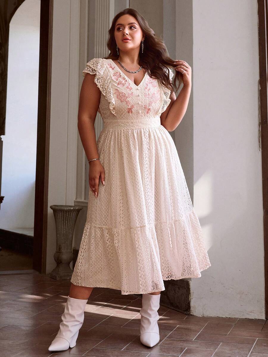 Simplee Plus Size Women Ruffle Trim Embroidered Long Lace Dress, Suitable For Music Festival, Vacation, And Western Style