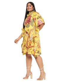Gypsie Blu Cotton Plus Size Short Floral Shirt Midi Dress For Women - 黃色 - 查看 4