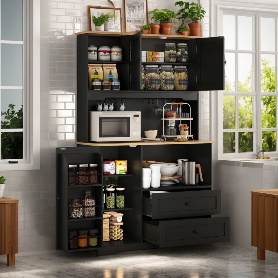 64" Tall Kitchen Pantry Storage Cabinet With Microwave Stand, Freestanding Kitchen Hutch Cabinet With Storage, Cupboard Cabinet For Kitchen, Living Room(White) - Đen + Gỗ - Xem 1
