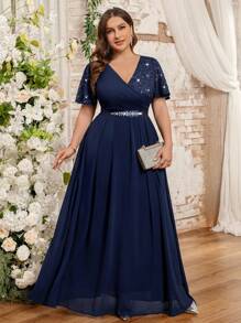 Plus Size Butterfly Sleeve V-Neck Floral Lace Contrast Chiffon Rhinestone Ribbon Waist Evening Party Dress