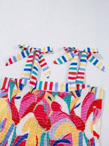 Acelitt Summer Colorful Abstract Print Color Block Tie Front Spaghetti Strap Wide Neck Loose Dress For Women