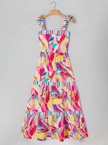 Acelitt Summer Colorful Abstract Print Color Block Tie Front Spaghetti Strap Wide Neck Loose Dress For Women