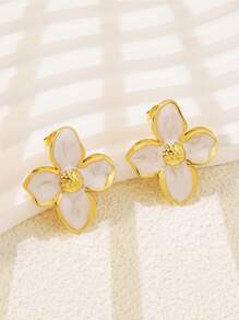 1 对自然风格珐琅彩色滴状鸡蛋花花卉耳钉，不锈钢设计适合女性日常和通勤佩戴 - 新FYD6111系列 - 查看 14