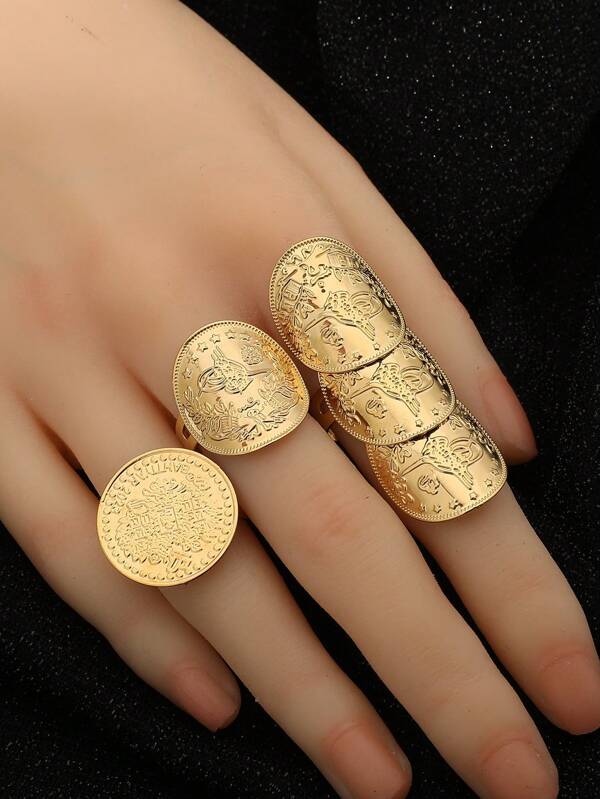 1pc Gold Coin Knuckle Ring, Arabic Totem Design Unisex Ring