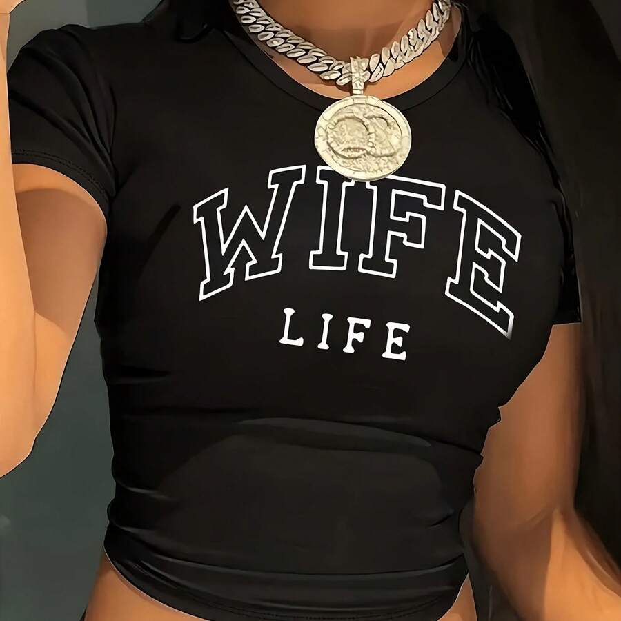 Wife Life Letter Print Crop Top T-Shirt For Women - Y2K Inspired, Stretchy Polyester Blend, Short Sleeve, Round Neck, Machine Washable - Perfect For Spring Summer Fall, Ladies T Shirts