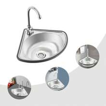 1 pieza Lavabo en esquina de acero inoxidable Rainaut con grifo y tubo de entrada - Lavabo triangular de montaje en pared para cocina y baño - Regalo ideal para familia y amigos - Plateado - Ver 4