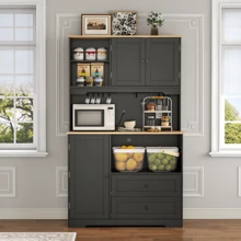 64" Tall Kitchen Pantry Storage Cabinet With Microwave Stand, Freestanding Kitchen Hutch Cabinet With Storage, Cupboard Cabinet For Kitchen, Living Room(White) - Đen + Gỗ - Xem 4