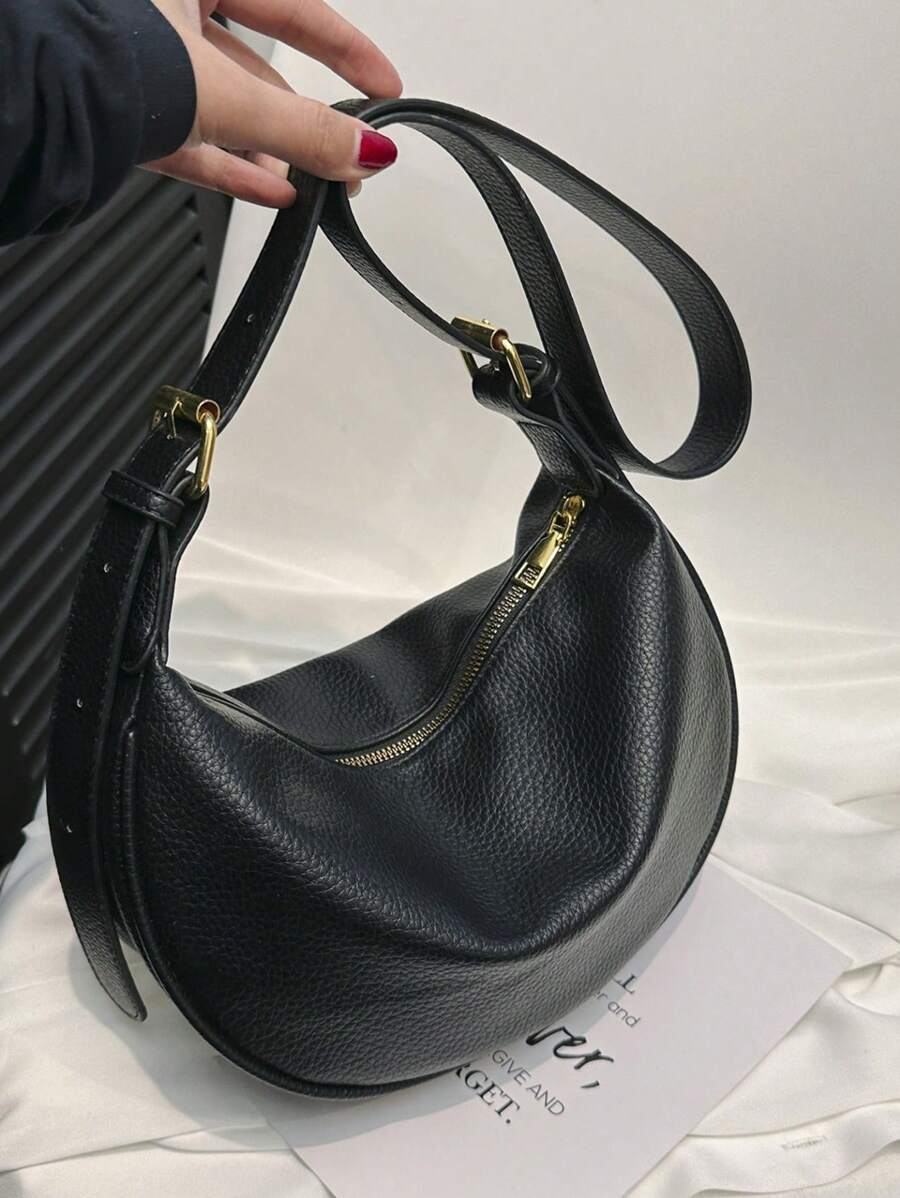 Women's Leather Dumpling Shape Shoulder Bag, PU Leather Solid Color Everyday Commuter Bag With Adjustable Strap