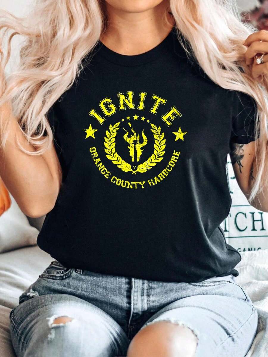 100% Cotton Ignite Vintage Y2K Orange County Hardcore Punk Rock Band Concert Tour T Shirt Size XL Versatile Streetwear Summer Casual Comfortable Top For Everyday Wear For Women Breathable Soft Homme Stylish Unisex Designer Clothes Slightly Fashion Stretched Print Round Neck Short Sleeve Graphic - Black - View 1