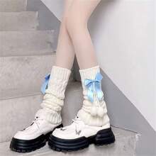 Lolita Pink Bow Hairball Stocking Pile Socks - White - Average Size - 藍色 - 查看 2