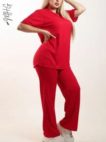 Conjunto de 2 Piezas Oversize Unicolor para Dama Mujer Amplio y Holgado de Blusa de Cuello Redondo Unicolor con Manga Corta y Hombros Caídos Cómoda y Pantalón Oversize Holgado Unicolor Sin Bolsillos Moda Otoño Primavera y Verano Estilo Casual y Versatil para Todo Tipo de Ocasion - Rojo - Ver 3