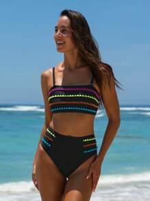 popvil Bandeau Shell Trim Back Tie Black Bikini Set - Black - View 4