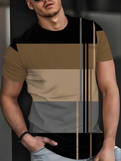 男士拼色休闲短袖圆领 T 恤，适合夏季时尚户外穿着。