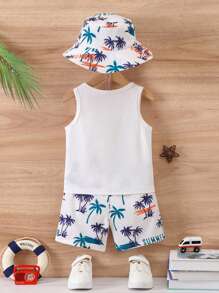 Set de 3 piezas: Chaleco con estampado de palmeras, pantalones cortos con estampado total y sombrero de sol para niños pequeños - Conjunto de vestir casual para vacaciones