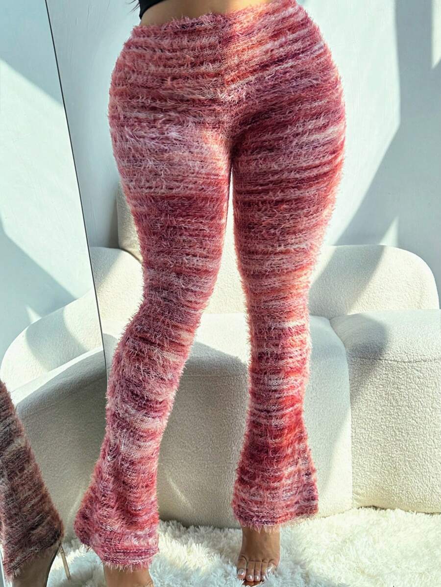 Knitted Striped Print Fleece Leggings, Suitable For Autumn/Winter - 酒紅色 - 查看 1