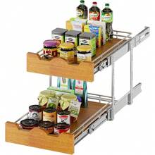 2 Tier Pull Out Cabinet Organizer (14" W X 21" D) Slide Out Wood Shelf Double Tier Kitchen Wire Basket With Chrome Finish…