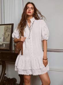 Simplee Women's Summer New Embroidered Ruffle Trim Front Button Closure Short Dress, Bohemian Style, Suitable For Music Festivals, Vacations, Outings, And Dates White - White - View 1